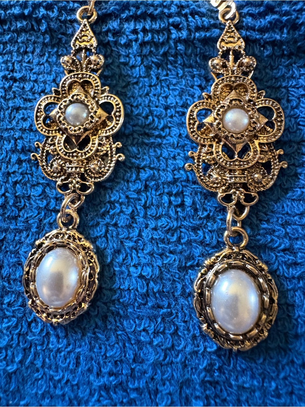 Gold-Tone Filigree Pearl Drop Earrings - White Pearls